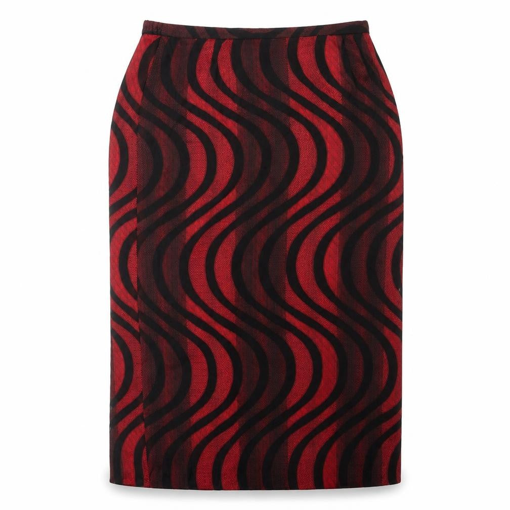 Front view of Whimsy women’s red geometric polyester straight & pencil skirt, size UK 14, zip