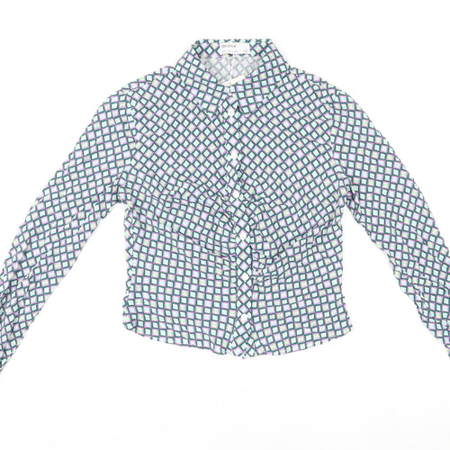 Bershka Womens Multicoloured Geometric Viscose Basic Button-Up Size S Collared