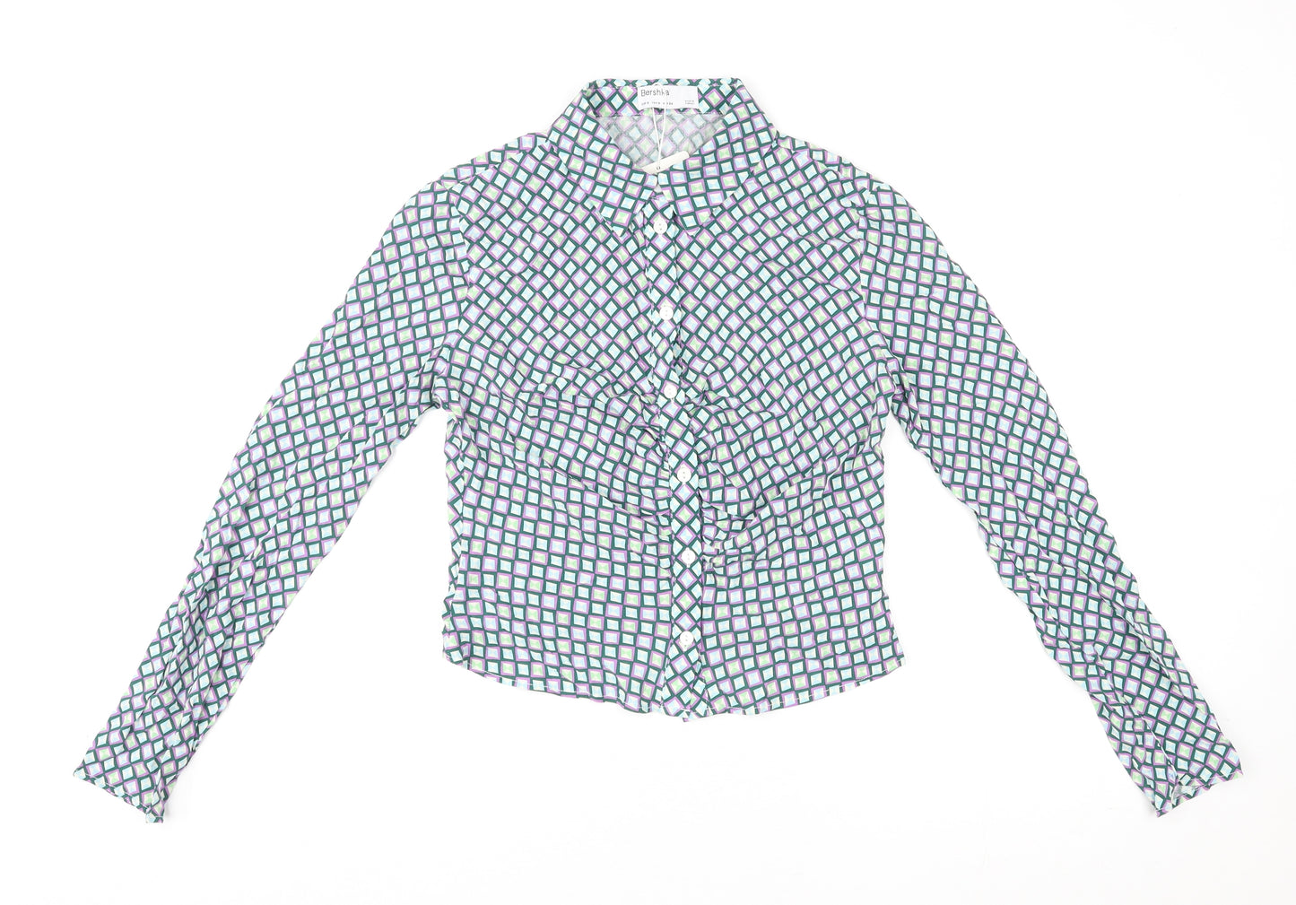 Bershka Womens Multicoloured Geometric Viscose Basic Button-Up Size S Collared