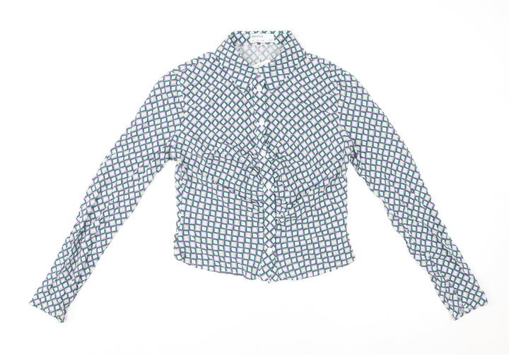 Bershka Womens Multicoloured Geometric Viscose Basic Button-Up Size S Collared