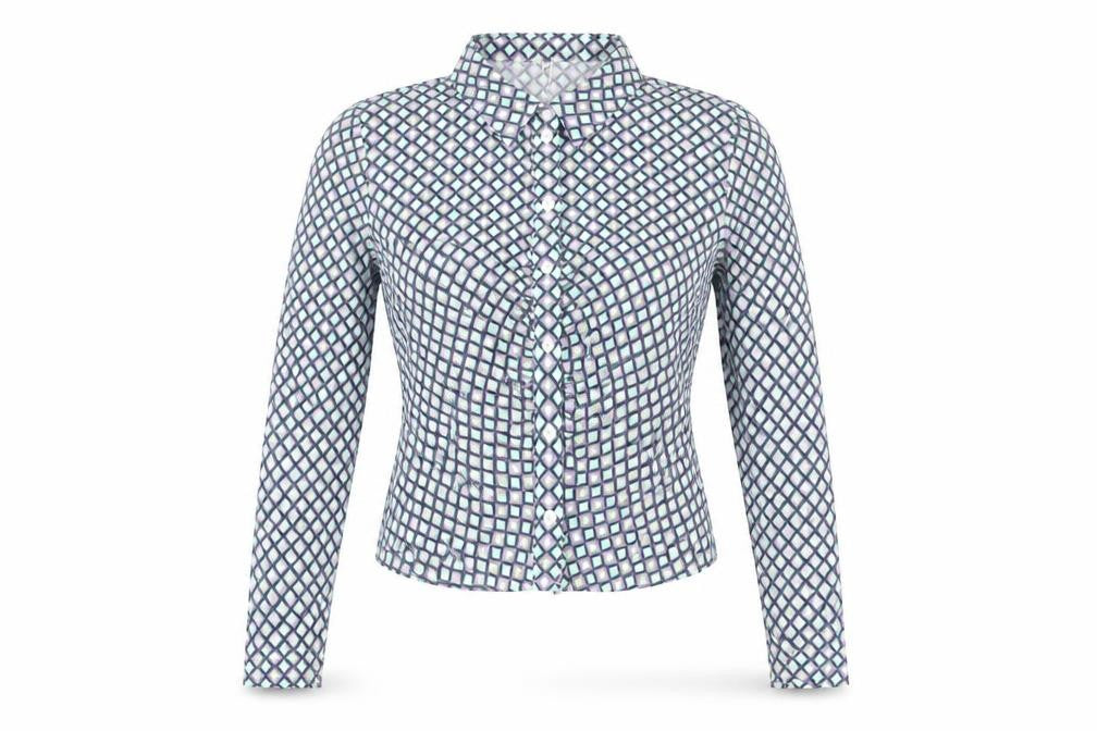 Front view of Bershka women’s multicoloured geometric viscose basic button-up, size S, collared
