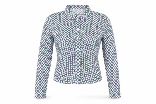 Front view of Bershka women’s multicoloured geometric viscose basic button-up, size S, collared
