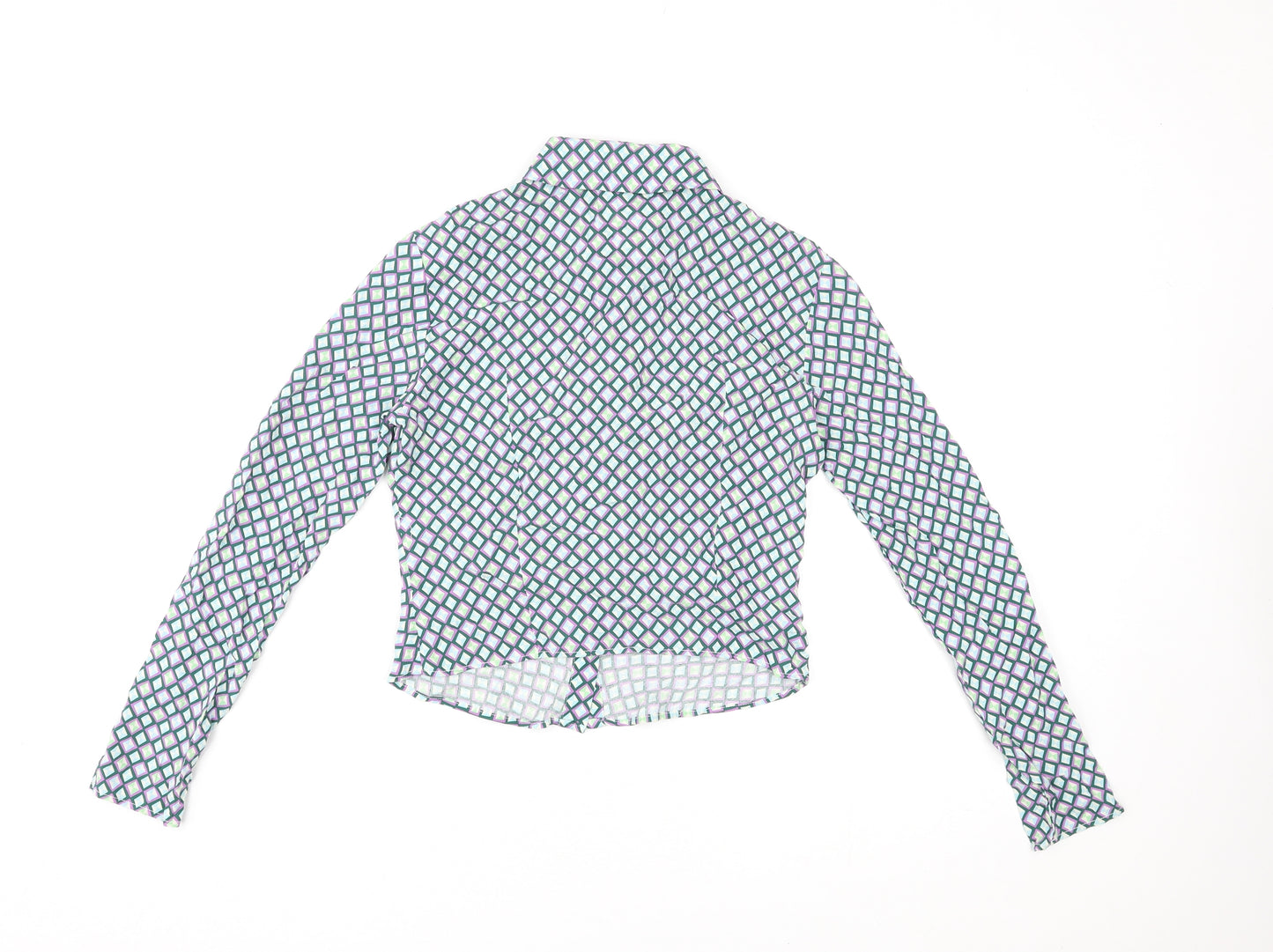 Bershka Womens Multicoloured Geometric Viscose Basic Button-Up Size S Collared