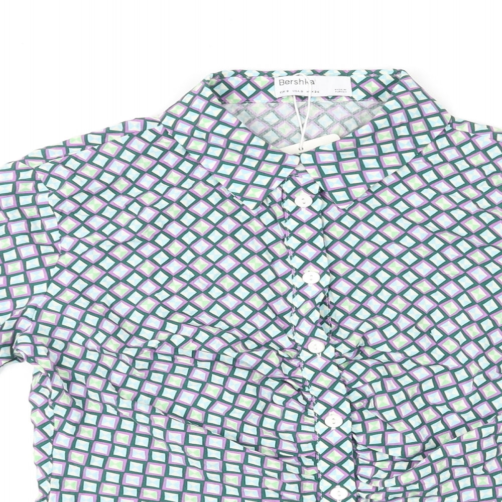 Bershka Womens Multicoloured Geometric Viscose Basic Button-Up Size S Collared