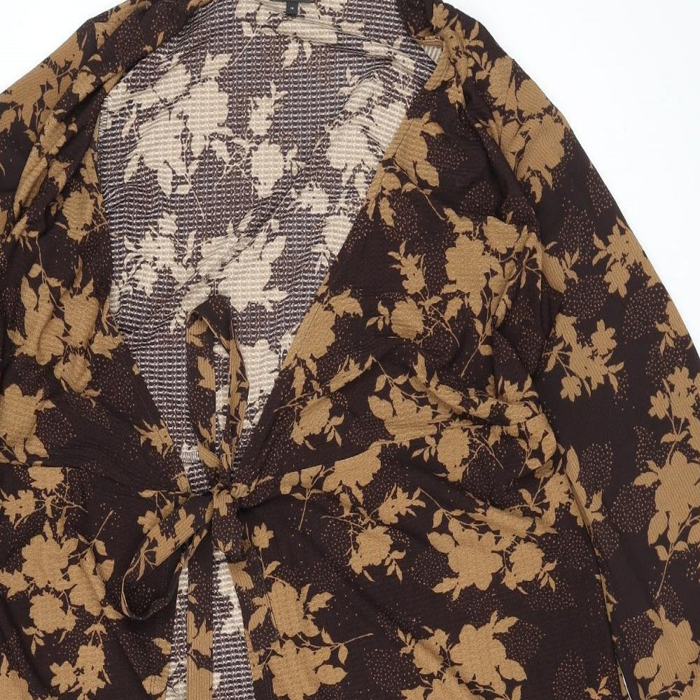 NEXT Womens Brown V-Neck Floral Polyester Cardigan Jumper Size 14