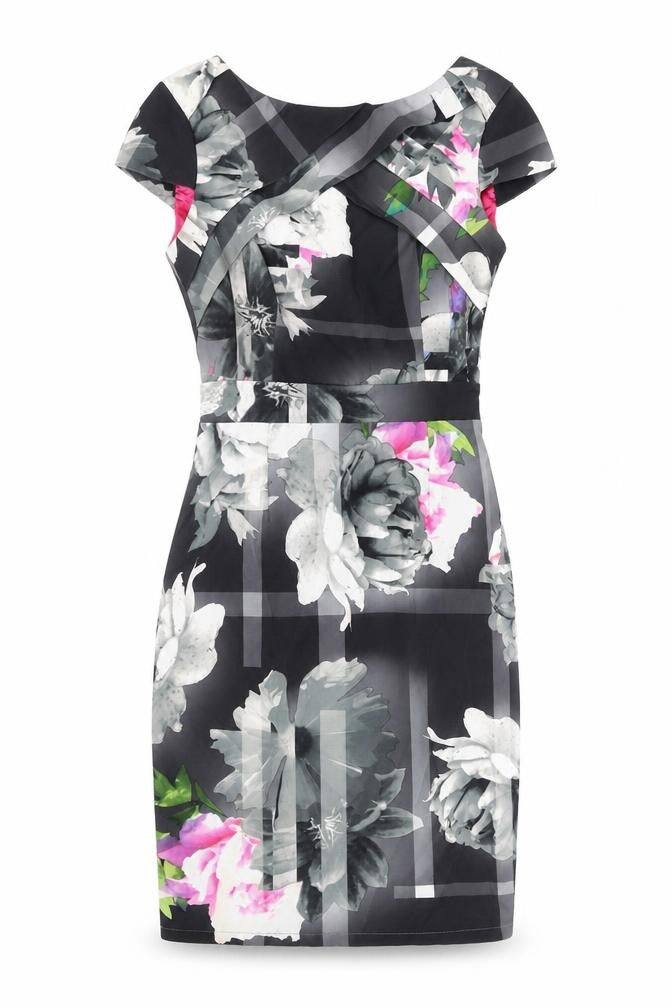 Front view of Lipsy women’s multicoloured floral polyester shift, size UK 8, round neck zip