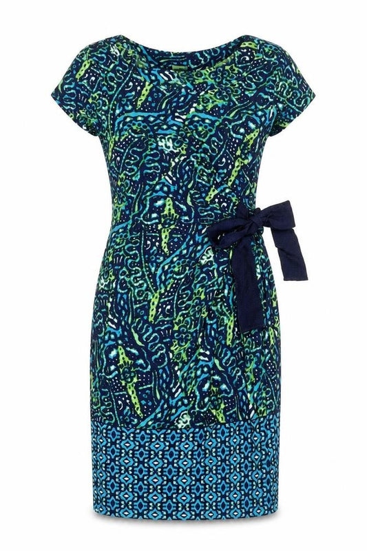 Front view of Taylor women’s multicoloured geometric polyester sheath, size UK 4, boat neck pullover