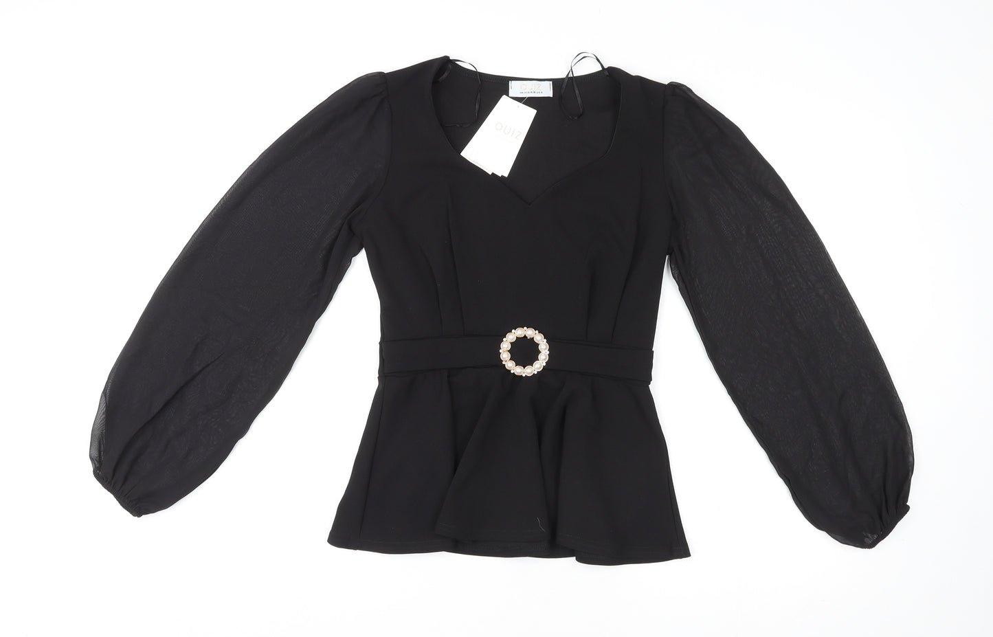 Quiz Womens Black Polyester Basic Blouse Size 10 Round Neck