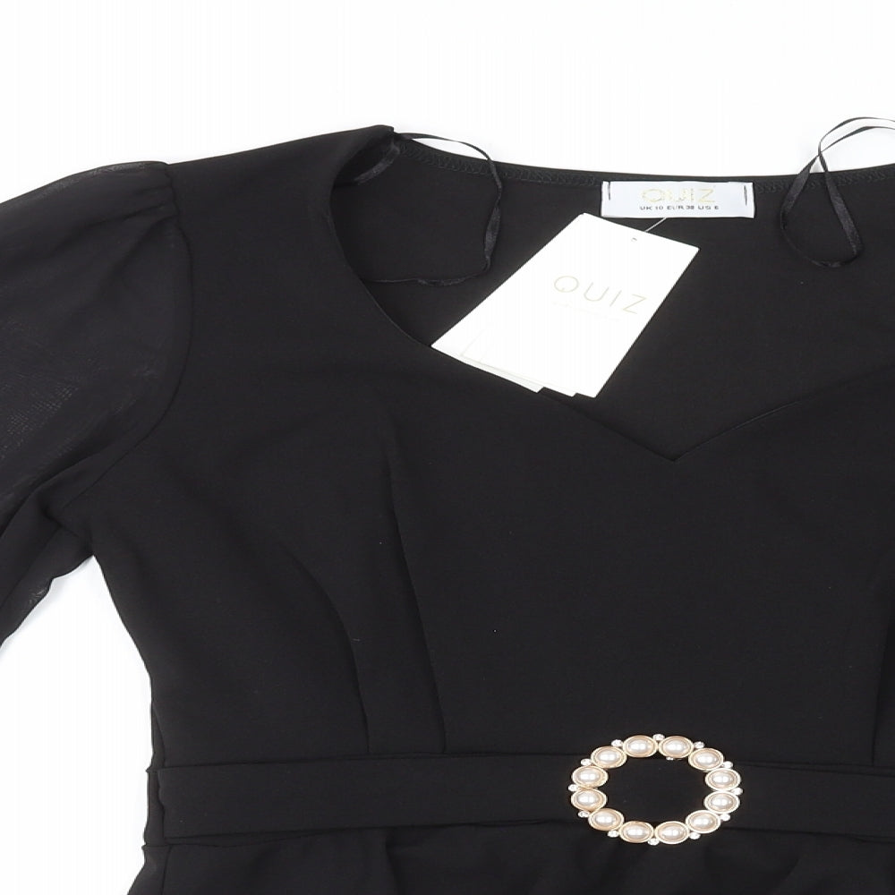 Quiz Womens Black Polyester Basic Blouse Size 10 Round Neck