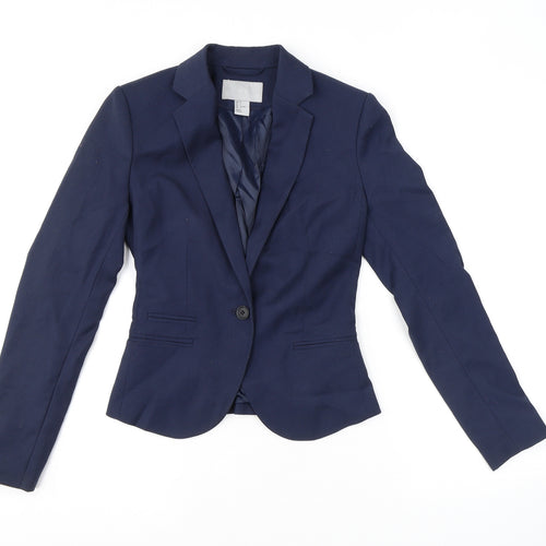 H&M Womens Blue Herringbone Polyester Jacket Blazer Size 4 - Pockets