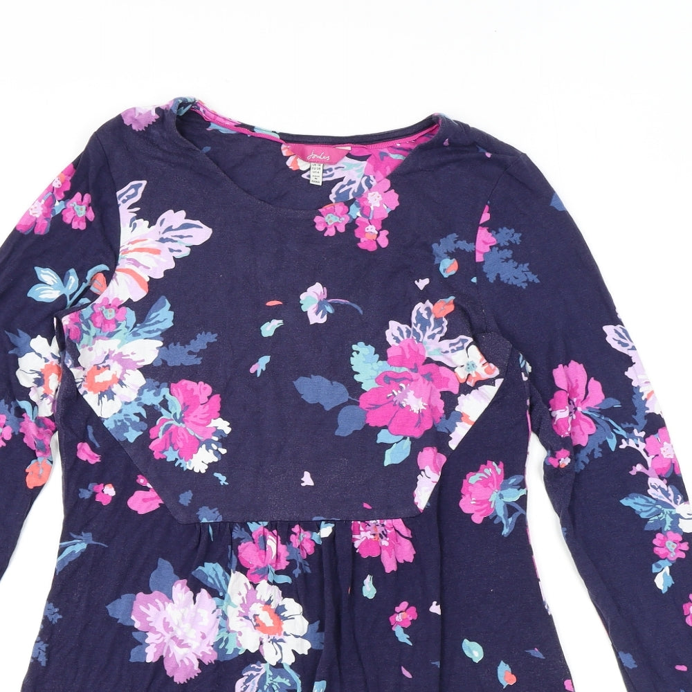 Joules Womens Blue Floral Viscose Basic Blouse Size 10 Round Neck