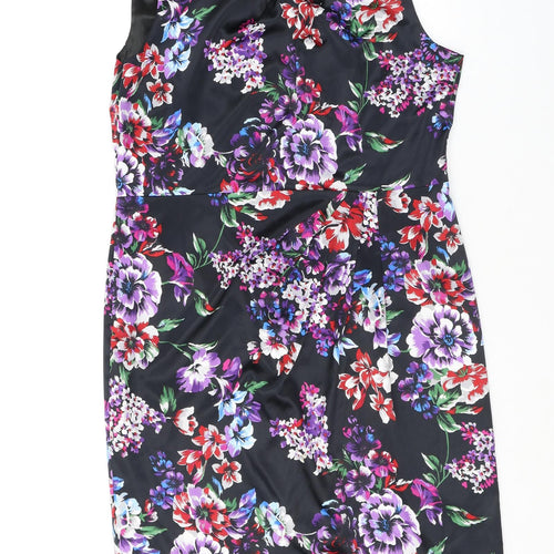 Planet Womens Black Floral Polyester Shift Size 14 Boat Neck Zip