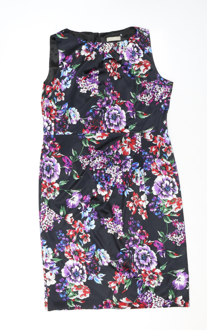 Planet Womens Black Floral Polyester Shift Size 14 Boat Neck Zip