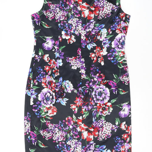 Planet Womens Black Floral Polyester Shift Size 14 Boat Neck Zip