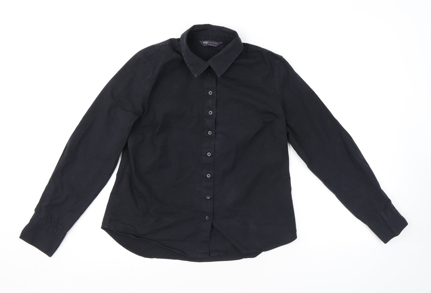 Marks and Spencer Womens Black Cotton Basic Button-Up Size 12 Collared