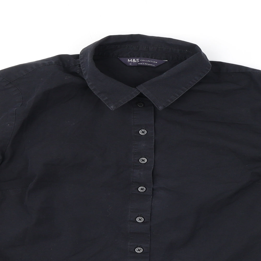 Marks and Spencer Womens Black Cotton Basic Button-Up Size 12 Collared