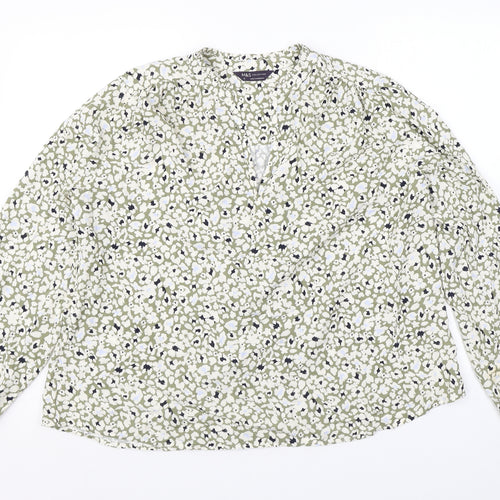 Marks and Spencer Womens Green Floral Viscose Basic Blouse Size 12 V-Neck