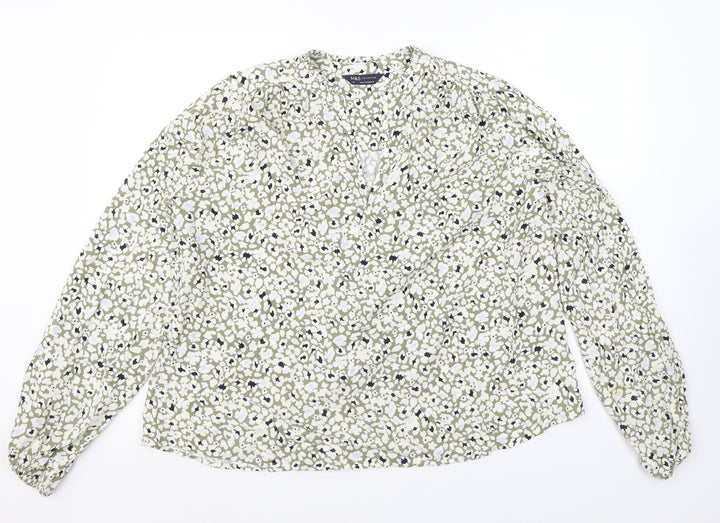 Marks and Spencer Womens Green Floral Viscose Basic Blouse Size 12 V-Neck