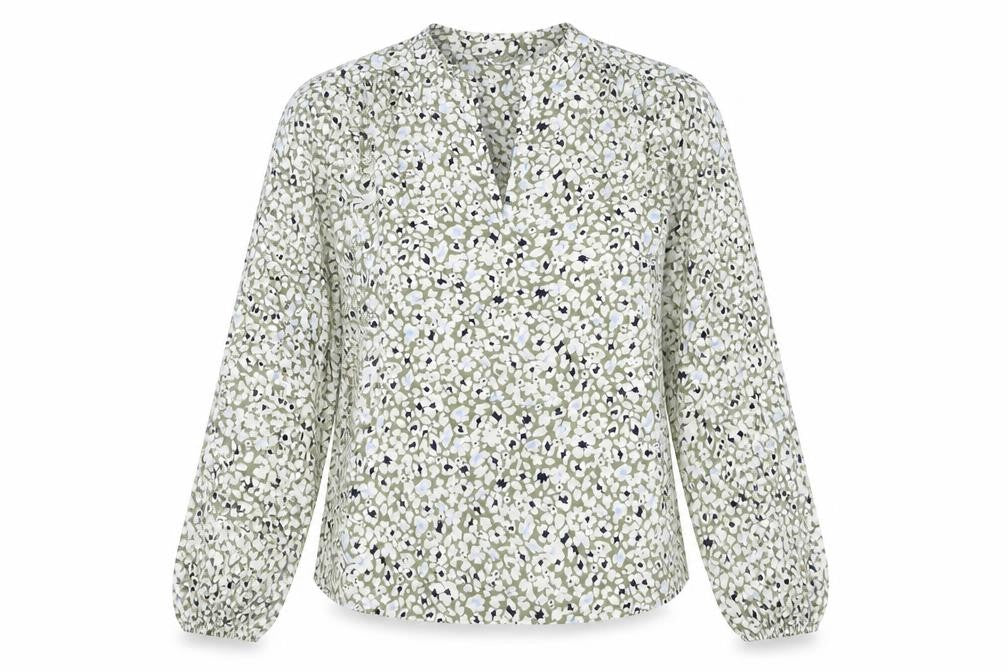 Front view of Marks & Spencer women’s green floral viscose basic blouse, size UK 12, v-neck