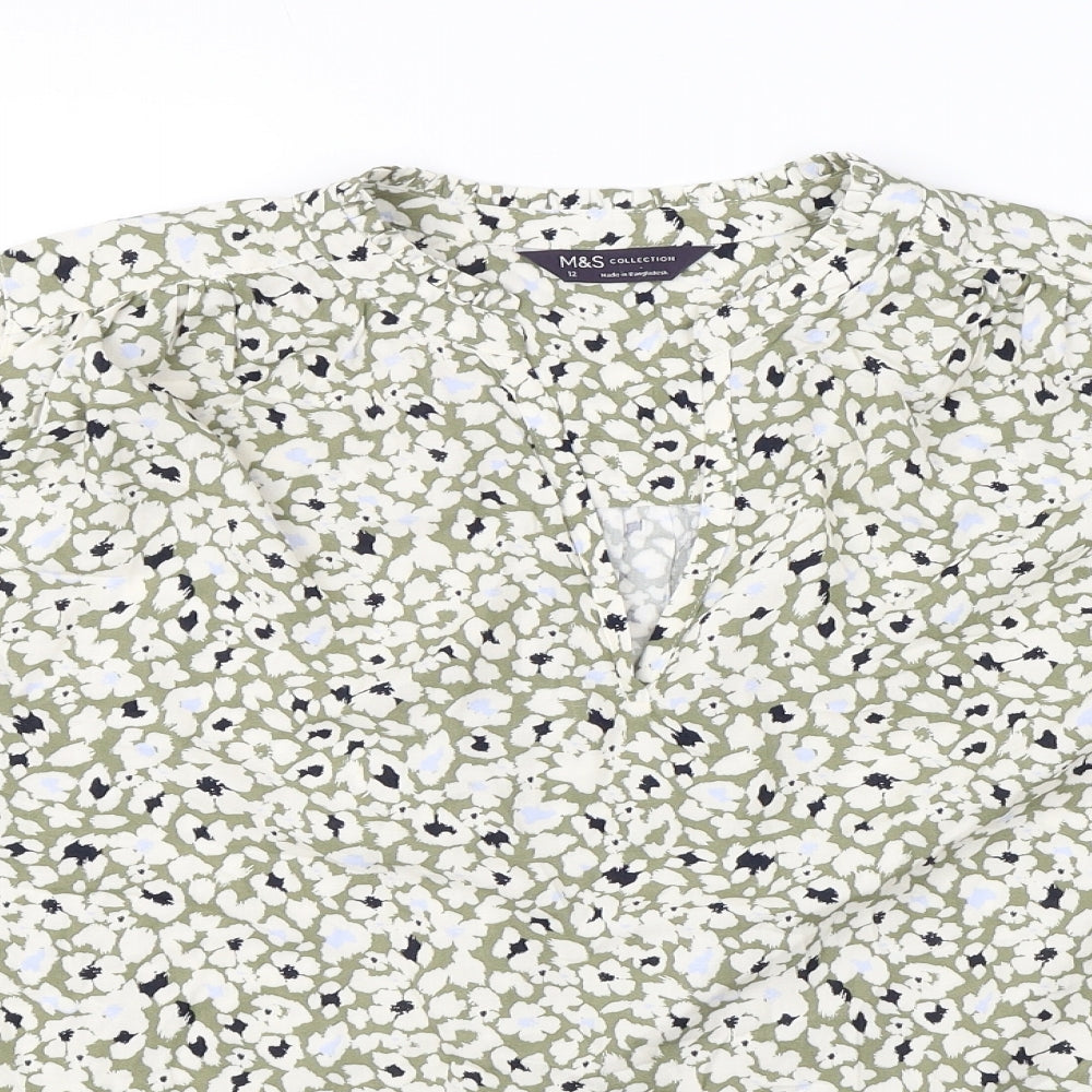Marks and Spencer Womens Green Floral Viscose Basic Blouse Size 12 V-Neck