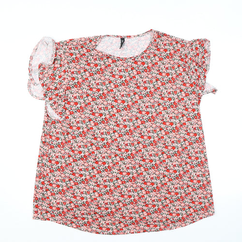 Prinstory Womens Red Floral Polyester Basic Blouse Size 2XL Round Neck