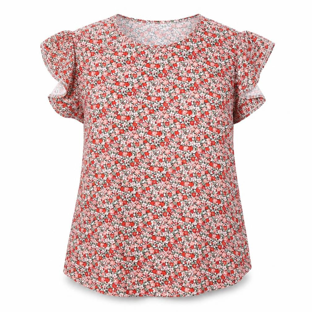 Prinstory Womens Red Floral Polyester Basic Blouse Size 2XL Round Neck