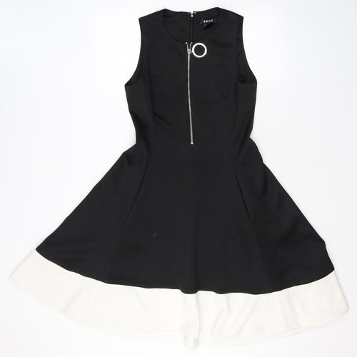 DKNY Womens Black Colourblock Polyester Skater Dress Size 10 Crew Neck Zip