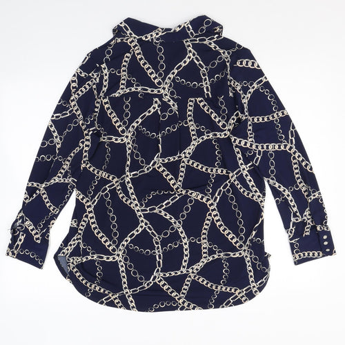 Roman Womens Blue Geometric Polyester Basic Blouse Size 14 Collared