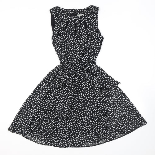 Wallis Womens Black Polka Dot Polyester Fit & Flare Size 10 Boat Neck Tie