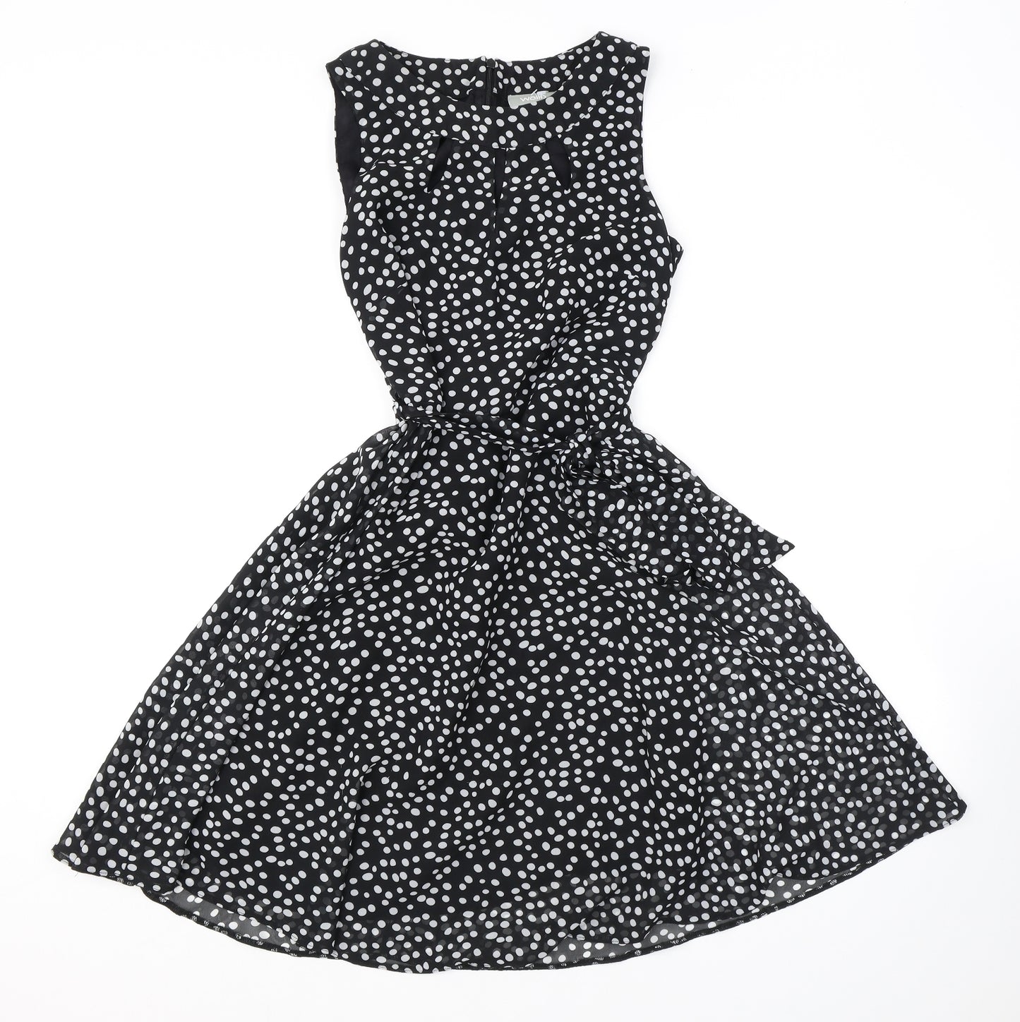 Wallis Womens Black Polka Dot Polyester Fit & Flare Size 10 Boat Neck Tie