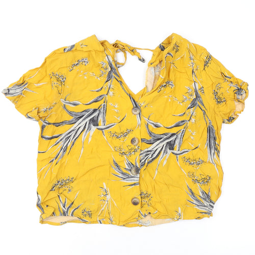 Warehouse Womens Yellow Floral Viscose Basic Button-Up Size 12 V-Neck