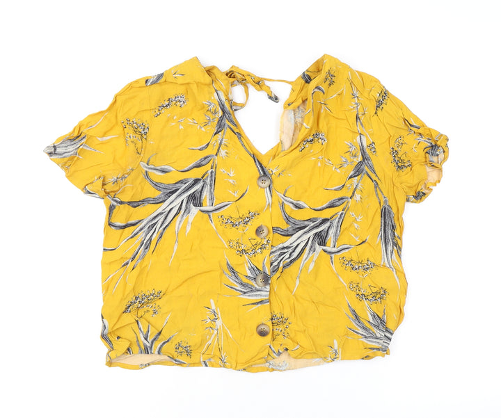 Warehouse Womens Yellow Floral Viscose Basic Button-Up Size 12 V-Neck