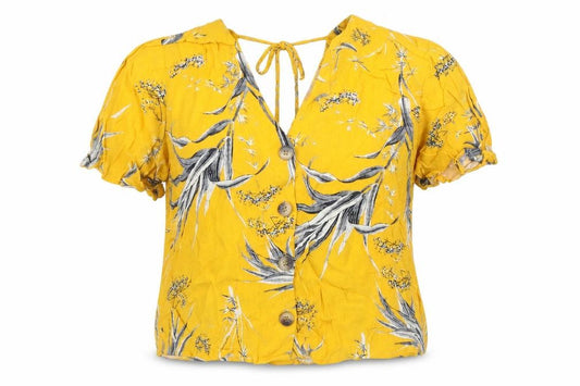Front view of Warehouse women’s yellow floral viscose basic button-up, size UK 12, v-neck