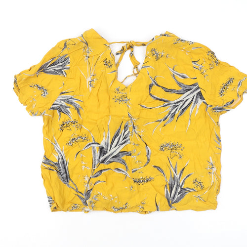 Warehouse Womens Yellow Floral Viscose Basic Button-Up Size 12 V-Neck