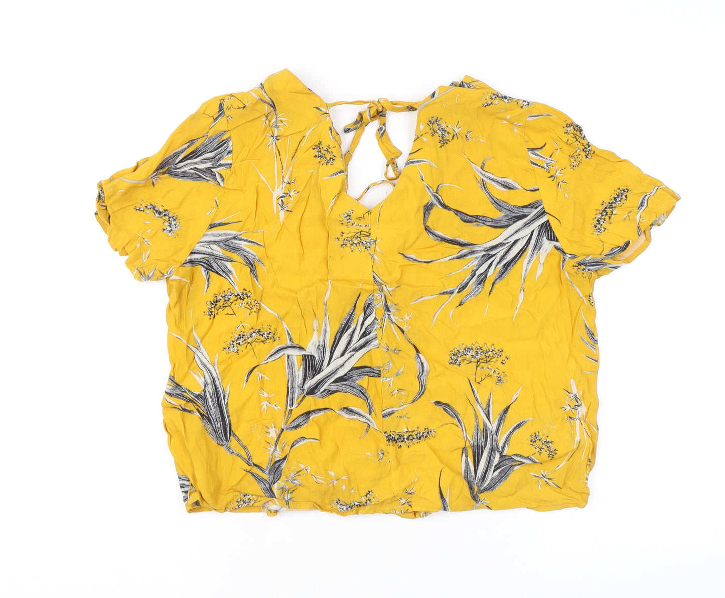 Warehouse Womens Yellow Floral Viscose Basic Button-Up Size 12 V-Neck