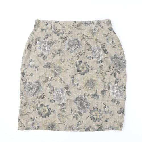 Patsy Seddon Womens Beige Floral Linen A-Line Skirt Size 14 Zip