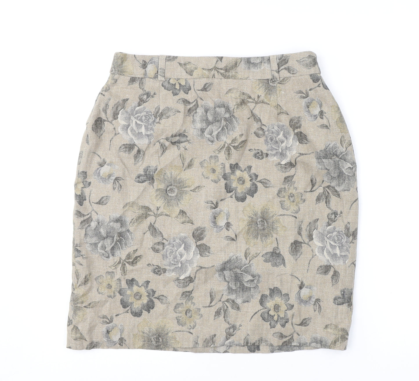 Patsy Seddon Womens Beige Floral Linen A-Line Skirt Size 14 Zip