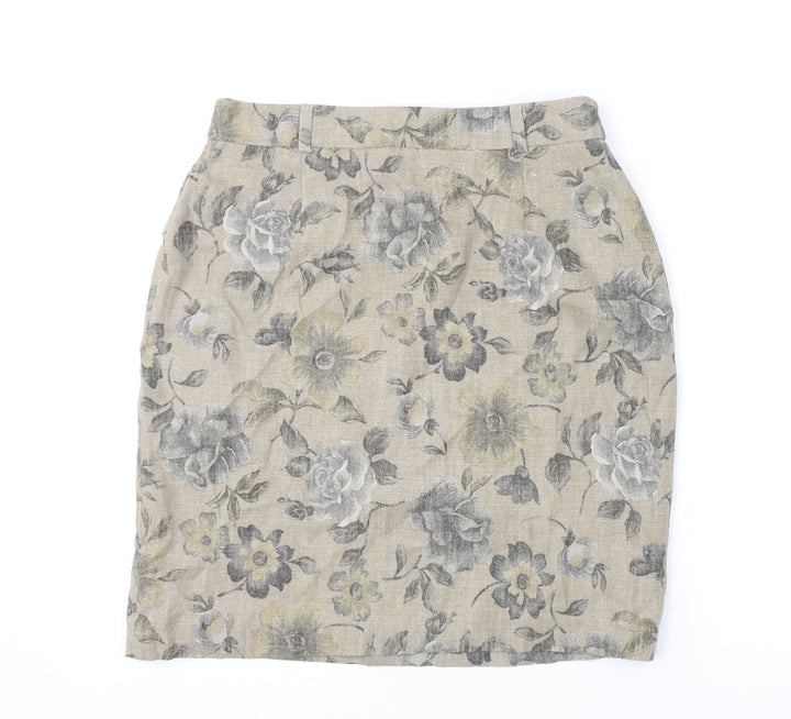 Patsy Seddon Womens Beige Floral Linen A-Line Skirt Size 14 Zip