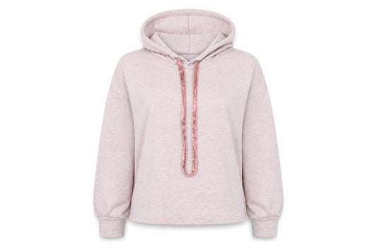 Front view of Tresics women’s pink 100% polyester pullover hoodie, size M, pullover