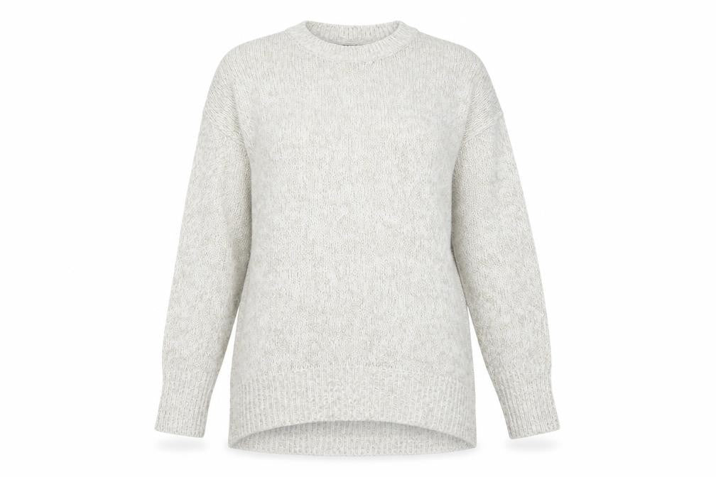 Front view of New Look women’s grey round neck acrylic jumper, size S