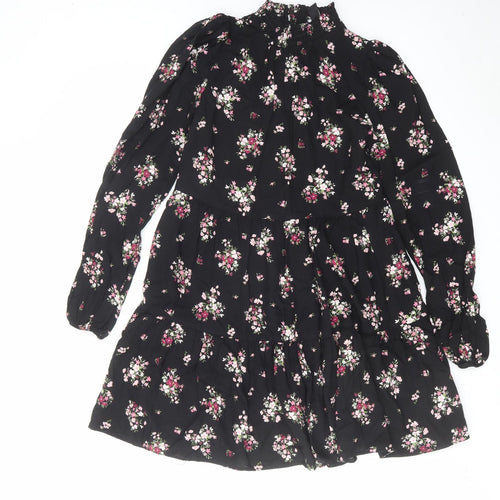 New Look Womens Black Floral Viscose A-Line Size 8 Mock Neck Button