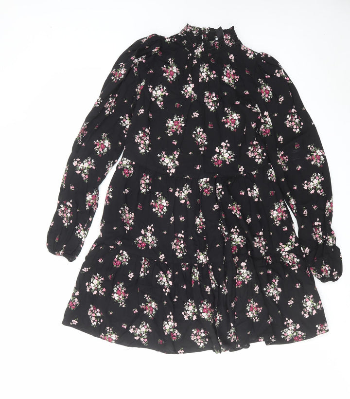 New Look Womens Black Floral Viscose A-Line Size 8 Mock Neck Button