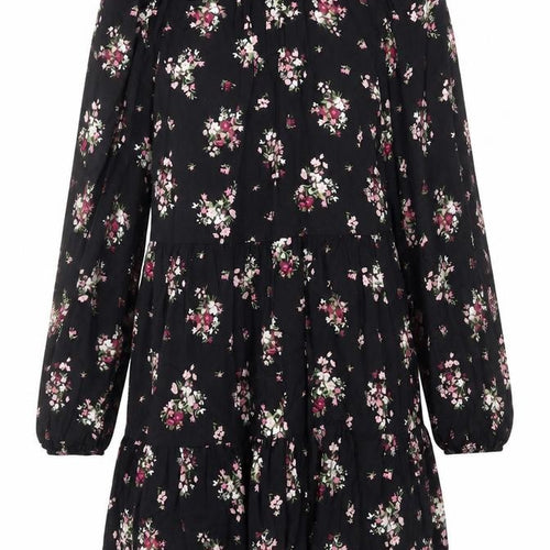 New Look Womens Black Floral Viscose A-Line Size 8 Mock Neck Button