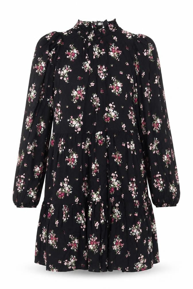 New Look Womens Black Floral Viscose A-Line Size 8 Mock Neck Button