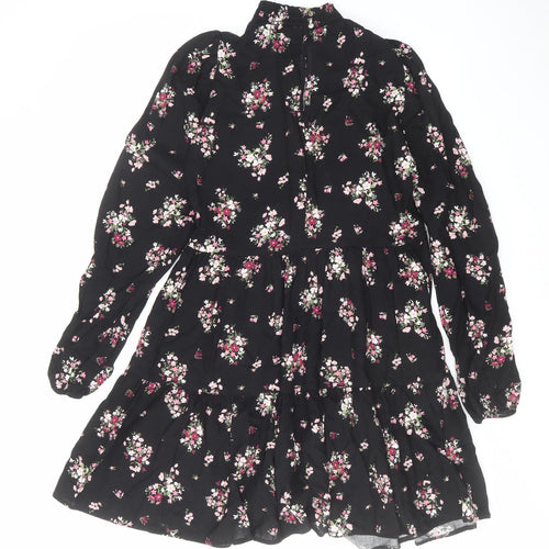 New Look Womens Black Floral Viscose A-Line Size 8 Mock Neck Button