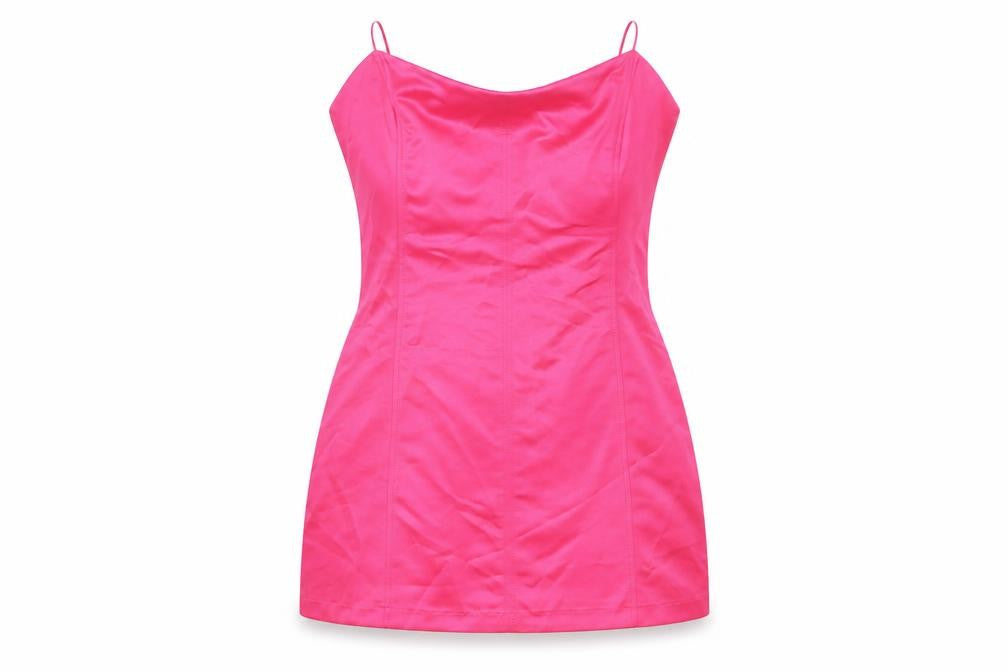 Front view of Zara women’s pink polyester mini, size L, off the shoulder zip
