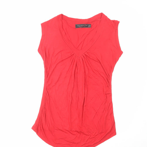 Zara Womens Red Viscose Basic T-Shirt Size M V-Neck