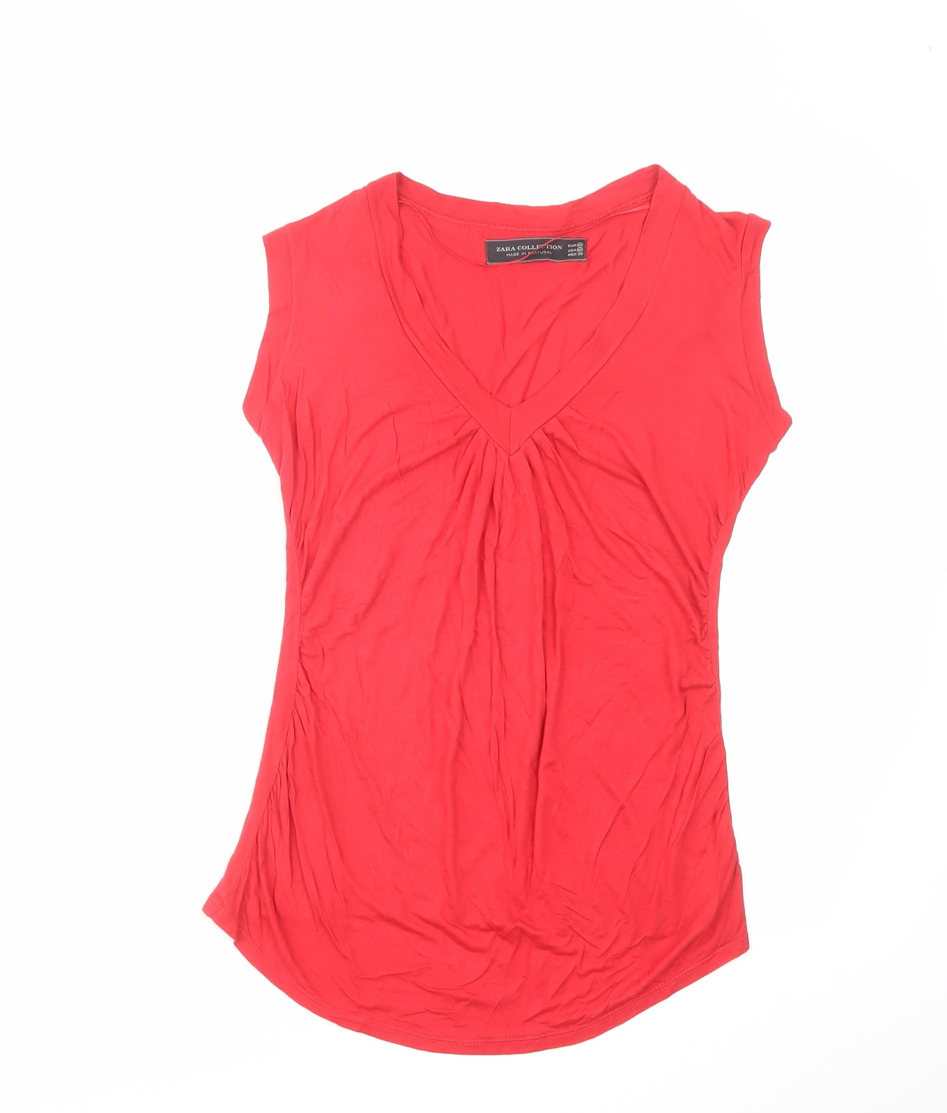 Zara Womens Red Viscose Basic T-Shirt Size M V-Neck