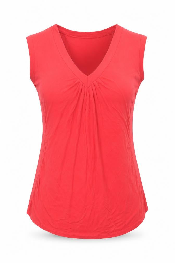 Front view of Zara women’s red viscose basic t-shirt, size M, v-neck