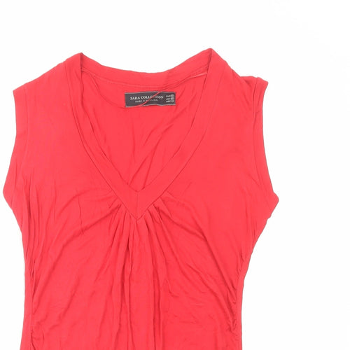 Zara Womens Red Viscose Basic T-Shirt Size M V-Neck
